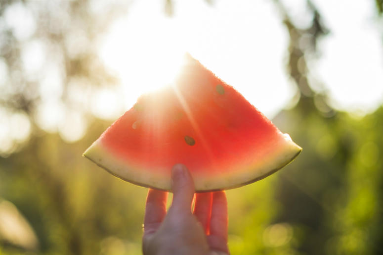 Slice of watermelon in a hand, sunny day, summer concept. Slice of watermelon in a hand, sunny day, summer concept.