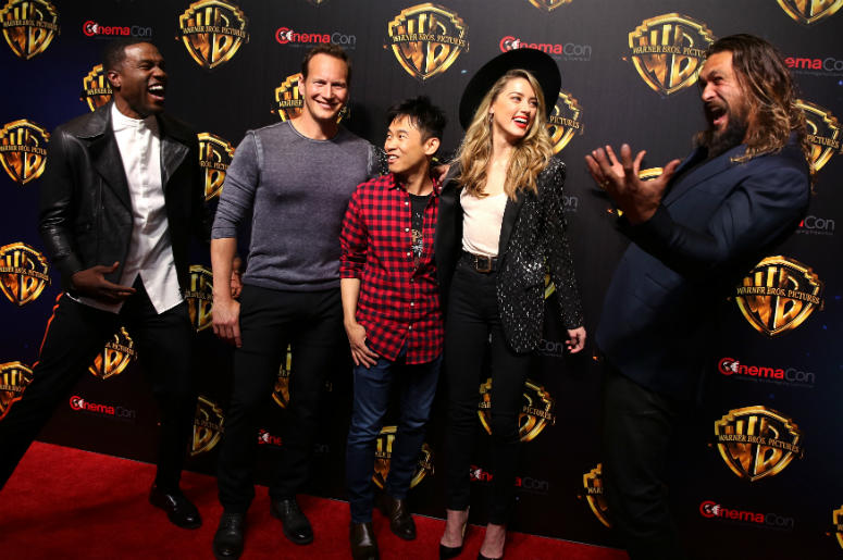 Aquaman Cast Actors Yahya Abdul-Mateen II, Patrick Wilson, director James Wan, actors Amber Heard and Jason Momoa attend attend CinemaCon 2018 Warner Bros on Tuesday, April 24, 2018, in Las Vegas, Nevada.