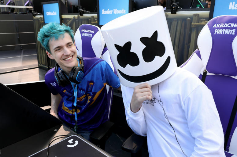 Ninja & Marshmello Gamers 'Ninja' and 'Marshmello' pose together during the Epic Games Fortnite E3 Tournament at the Banc of California Stadium on June 12, 2018 in Los Angeles, California.