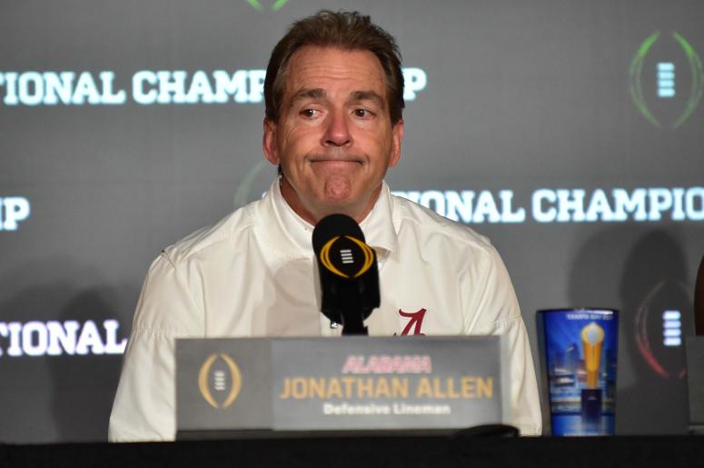 Jan 9, 2017; Tampa, FL, USA; Alabama Crimson Tide head coach Nick Saban reacts during a post-game press conference after their loss to Clemson Tigers in the 2017 College Football Playoff National Championship Game at Raymond James Stadium.
