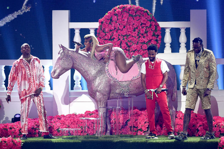 YG, Nicki Minaj, Big Sean, and 2 Chainz performing "Big Bank" at the 2018 BET Awards LOS ANGELES - JUNE 24: YG, Nicki Minaj, Big Sean, and 2 Chainz performs on the 2018 BET Awards at the Microsoft Theater on June 24, 2018 in Los Angeles, California.
