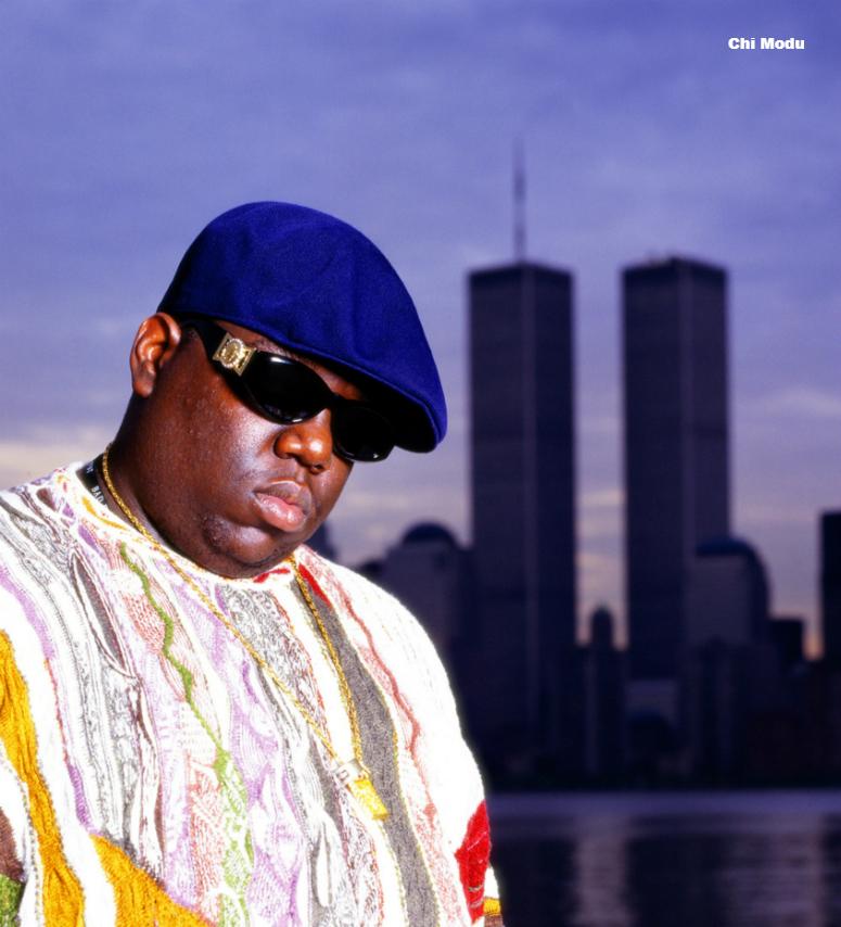 Notrious B.I.G., Jersey City, NJ (1996) Notorious BIG standing in front of the former World Trade Center buildings in NYC - This photo is from the Defining Years of Hip-Hop 1990-2000. (Photo by Chi Modu/diverseimages)