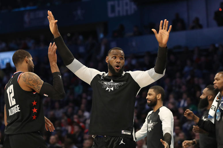 LeBron James #23 of the LA Lakers and Team LeBron reacts as they take on Team Giannis in the fourth quarter during the NBA All-Star game as part of the 2019 NBA All-Star Weekend at Spectrum Center on February 17, 2019 in Charlotte, North Carolina LeBron James #23 of the LA Lakers and Team LeBron reacts as they take on Team Giannis in the fourth quarter during the NBA All-Star game as part of the 2019 NBA All-Star Weekend at Spectrum Center on February 17, 2019 in Charlotte, North Carolina