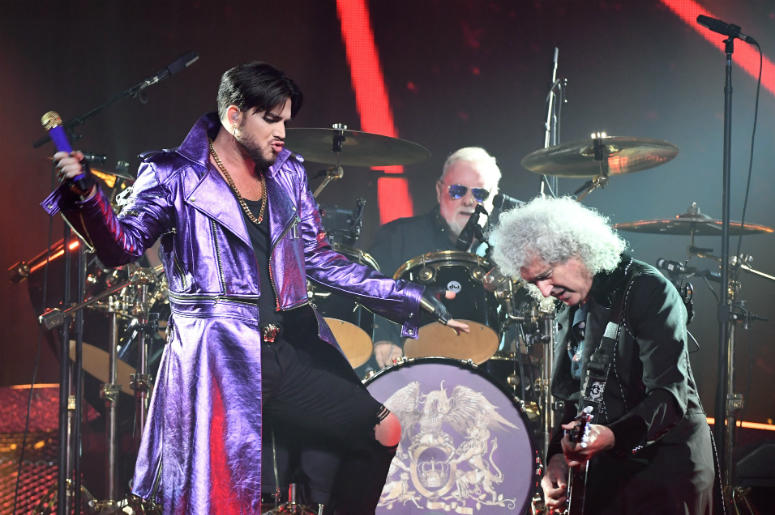 (L-R) Singer Adam Lambert, drummer Roger Taylor and guitarist Brian May of Queen (L-R) Singer Adam Lambert, drummer Roger Taylor and guitarist Brian May of Queen