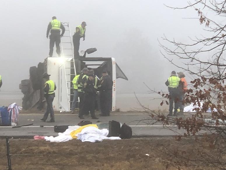 State Police investigate a double fatal commercial bus accident along I-95 in Prince George County on March 19, 2019. (Matt Demlein, WRVA)