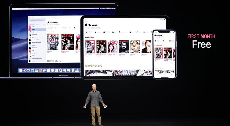 Roger Rosner, Apple vice president of applications, speaks at the Steve Jobs Theater during an event to announce new products Monday, March 25, 2019, in Cupertino, Calif. (AP Photo/Tony Avelar)