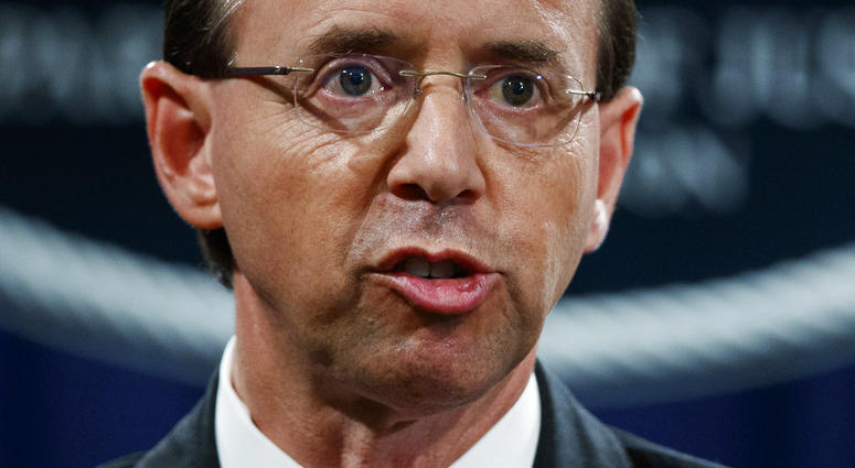 In this July 13, 2018 file photo, Deputy Attorney General Rod Rosenstein speaks during a news conference at the Department of Justice in Washington. Rosenstein is expecting to be fired, heading to White House Monday morning.