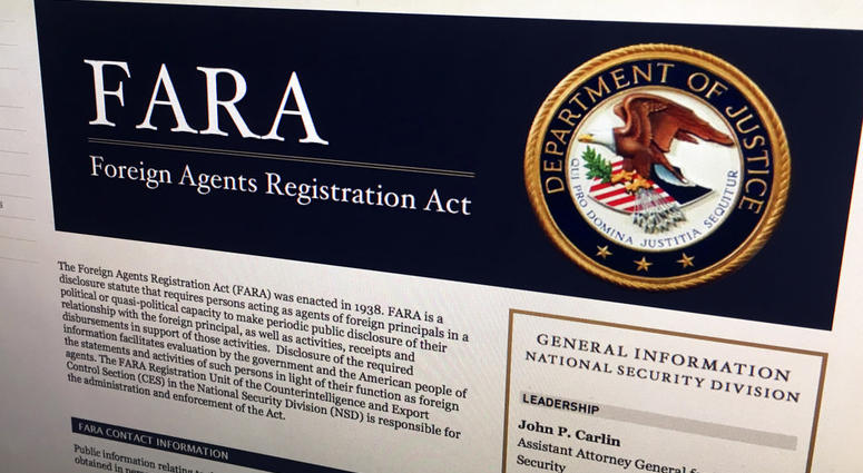 n this Aug. 18, 2016, file photo, a portion of the website for the website fara.gov, on the Foreign Agents Registration Act, is seen photographed in Washington.