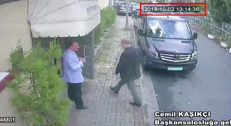 This image taken from CCTV video obtained by the Turkish newspaper Hurriyet and made available on Tuesday, Oct. 9, 2018 claims to show Saudi journalist Jamal Khashoggi entering the Saudi consulate in Istanbul, Tuesday, Oct. 2, 2018