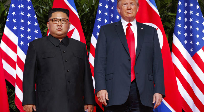 In this June. 12, 2018, file photo, U.S. President Donald Trump, right, meets with North Korean leader Kim Jong Un on Sentosa Island, in Singapore.