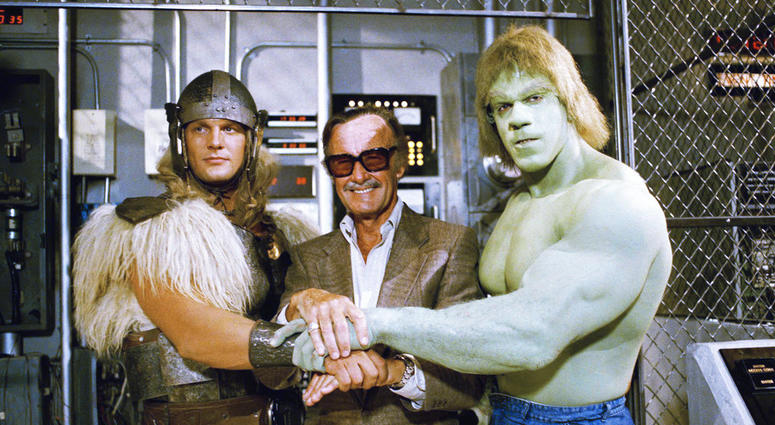 In this May 9, 1988, file photo, comics impresario Stan Lee, center, poses with Lou Ferrigno, right, and Eric Kramer who portray 'The Incredible Hulk' and Thor, respectively, in a special movie for NBC, 'The Incredible Hulk Returns,'