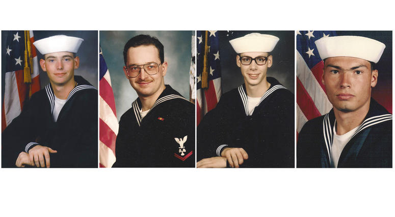 This file photo combination of images provided by the U.S. Navy shows former sailors Eric Wilson, left photo, Danial Williams, second from left, Joe Dick, second from right, and Derek Tice, in undated file photos.
