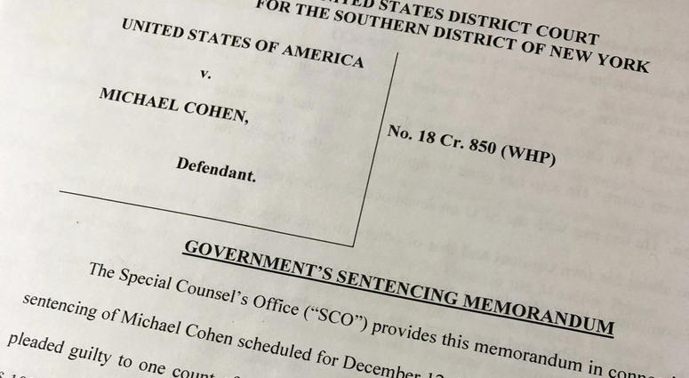 A portion of a court filing by prosecutors from the special counsel's office released Friday, Dec. 7, 2018, laid out for the first time details of Cohen's cooperation with investigators and took positions on the punishment he should face.