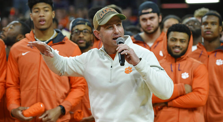Clemson head football coach Dabo Swinney along with members of the 2019 National Championship football team Jan.12, 2019, in Clemson, S.C