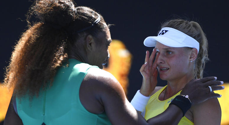 United States' Serena Williams consoles Ukraine's Dayana Yastremska after their third round match at the Australian Open tennis championships in Melbourne, Australia, Saturday, Jan. 19, 2019.