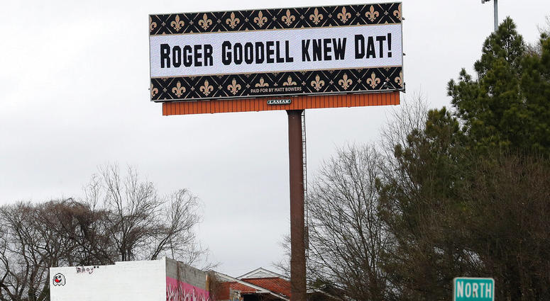 A billboard protesting a controversial call in Sunday's NFL football game between the New Orleans Saints and Los Angeles Rams is shown along I75 near Hartsfield Jackson Atlanta International Airport in Atlanta Tuesday, Jan. 22, 2019