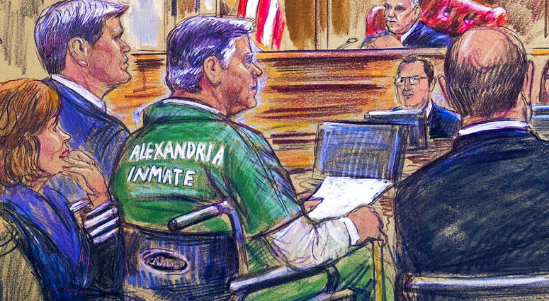 This March 7, 2019, courtroom sketch depicts former Trump campaign chairman Paul Manafort, center in a wheelchair, during his sentencing hearing in federal court before judge T.S. Ellis III in Alexandria, Va. (Dana Verkouteren via AP) This March 7, 2019, courtroom sketch depicts former Trump campaign chairman Paul Manafort, center in a wheelchair, during his sentencing hearing in federal court before judge T.S. Ellis III in Alexandria, Va. (Dana Verkouteren via AP)