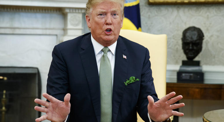 President Donald Trump speaks during a meeting with Irish Prime Minister Leo Varadkar in the Oval Office of the White House, Thursday, March 14, 2019, in Washington. (AP Photo/ Evan Vucci)