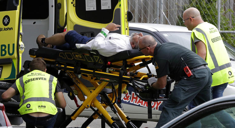Injured man being loaded into an ambulance in Christchurch