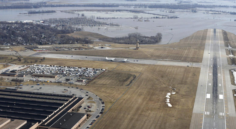 This March 17, 2019 photo released by the U.S. Air Force shows an aerial view of Offutt Air Force Base and the surrounding areas affected by flood waters. (Tech. Sgt. Rachelle Blake/The U.S. Air Force via AP)