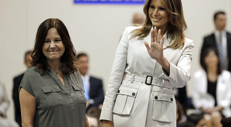 First lady Melania Trump, right, and second lady Karen Pence, left, greet students at Albritton Middle School in Fort Bragg, N.C., Monday, April 15, 2019. (AP Photo/Chuck Burton) First lady Melania Trump, right, and second lady Karen Pence, left, greet students at Albritton Middle School in Fort Bragg, N.C., Monday, April 15, 2019. (AP Photo/Chuck Burton)