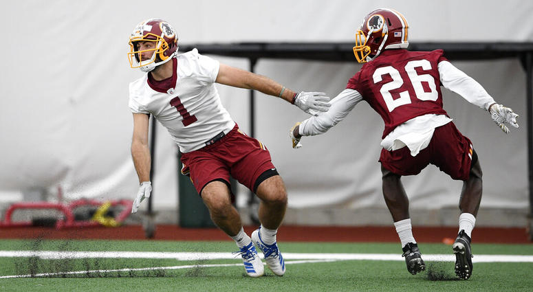 Washington Redskins wide receiver VInny Papale (1) runs a drill against cornerback Tyler Green (26) during an NFL football rookie camp, Saturday, May 11, 2019, in Ashburn, Va. (AP Photo/Nick Wass) Washington Redskins wide receiver VInny Papale (1) runs a drill against cornerback Tyler Green (26) during an NFL football rookie camp, Saturday, May 11, 2019, in Ashburn, Va. (AP Photo/Nick Wass)