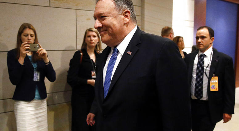Secretary of State Mike Pompeo arrives at a classified briefing for members of Congress on Iran, Tuesday, May 21, 2019, on Capitol Hill in Washington.(AP Photo/Patrick Semansky)
