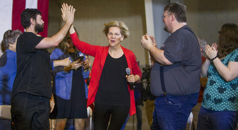 Democratic presidential candidate Elizabeth Warren takes the stage for her Elkhart Community Conversation event on Wednesday, June 5, 2019, at the RV/MH Hall of Fame and Museum in Elkhart, Ind. (Robert Franklin/South Bend Tribune via AP) Democratic presidential candidate Elizabeth Warren takes the stage for her Elkhart Community Conversation event on Wednesday, June 5, 2019, at the RV/MH Hall of Fame and Museum in Elkhart, Ind. (Robert Franklin/South Bend Tribune via AP)