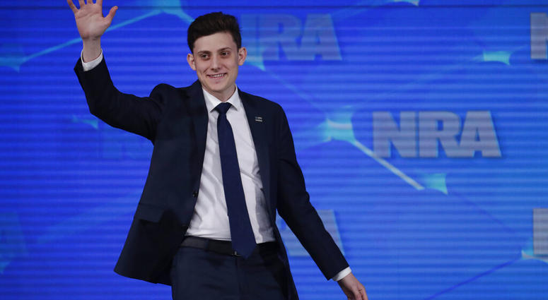 FILE - In this April 26, 2019 file photo, Kyle Kashuv, a survivor of the Marjory Stoneman Douglas High School shooting in Parkland, Fla., speaks at the National Rifle Association Institute for Legislative Action Leadership Forum in Indianapolis. On Monday