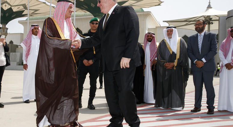 Secretary of State Mike Pompeo, center, shakes hands with Saudi Minister of State for Foreign Affairs Adel al Jubeir, as Pompeo departs Jeddah, Saudi Arabia, Monday, June 24, 2019, en route to Abu Dhabi. (AP Photo/Jacquelyn Martin, Pool)