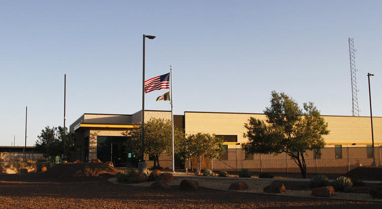FILE - This June 20, 2019, file frame from video shows the entrance of a Border Patrol station in Clint, Texas. U.S. Customs and Border Protection has told a Texas congresswoman Monday, June 24, that the agency is quickly removing children from the patrol