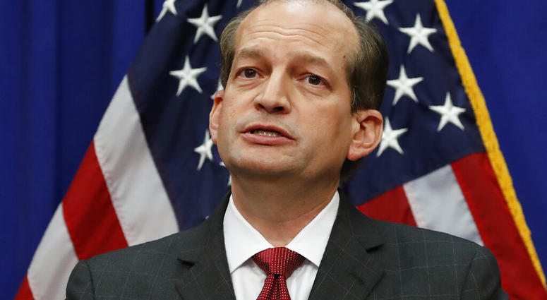 Labor Secretary Alex Acosta speaks during a media availability at the Department of Labor, Wednesday, July 10, 2019, in Washington. (AP Photo/Alex Brandon)