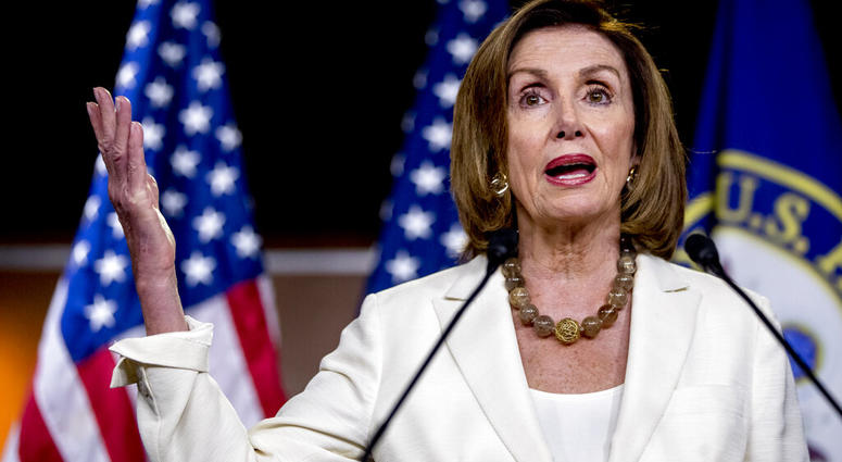 House Speaker Nancy Pelosi of Calif. meets with reporters on Capitol Hill in Washington, Thursday, July 11, 2019. (AP Photo/Andrew Harnik)