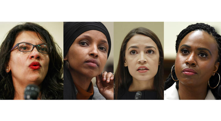 In this combination image from left; Rep. Rashida Tlaib, D-Mich., July 10, 2019, Washington, Rep. Ilhan Omar, D-Minn., March 12, 2019, in Washington, Rep. Alexandria Ocasio-Cortez, D-NY., July 12, 2019, in Washington, and Rep. Ayanna Pressley, D-Mass., Ju