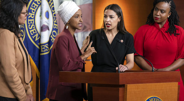 rom left, Rep. Rashida Tlaib, D-Mich., Rep. Ilhan Omar, D-Minn., Rep. Alexandria Ocasio-Cortez, D-N.Y., and Rep. Ayanna Pressley, D-Mass., respond to remarks by President Donald Trump after his call for the four Democratic congresswomen to go back to thei