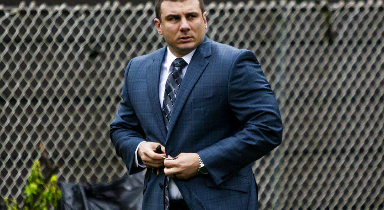 In this May 13, 2019, file photo New York City police officer Daniel Pantaleo leaves his house Monday, May 13, 2019, in Staten Island, N.Y. (AP Photo/Eduardo Munoz Alvarez, File)