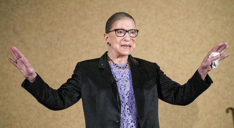 In this Aug. 19, 2016, file photo U.S. Supreme Court Justice, Ruth Bader Ginsburg, is introduced during the keynote address for the State Bar of New Mexico's Annual Meeting in Pojoaque. (AP Photo/Craig Fritz, File)