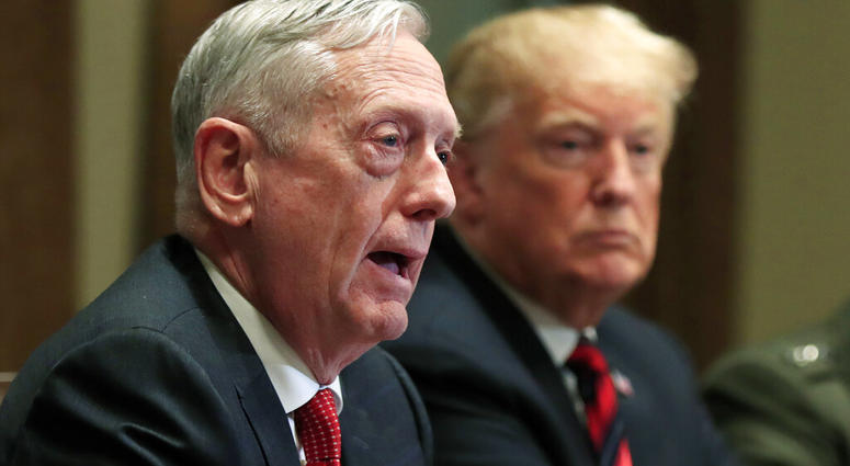 FILE - In this Oct. 23, 2018 file photo, Defense Secretary Jim Mattis speaks beside President Donald Trump, during a briefing with senior military leaders in the Cabinet Room at the White House in Washington.