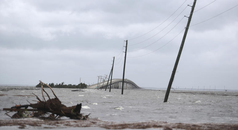 Storm surge from Hurricane Dorian blocks Cedar Island off from the mainland on NC 12 in Atlantic Beach, N.C., after Hurricane Dorian past the coast on Friday, Sept. 6, 2019. (AP Photo/Tom Copeland)