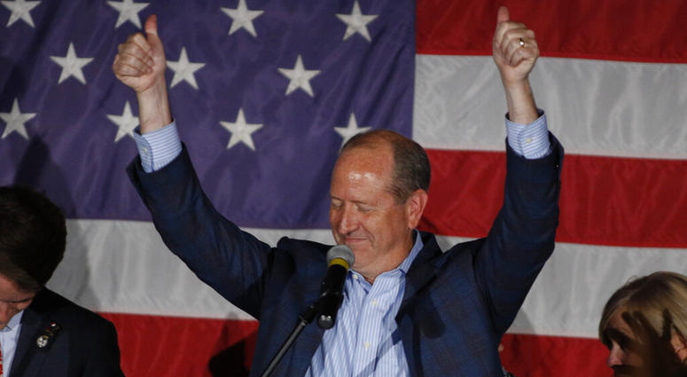 North Carolina 9th district Republican congressional candidate Dan Bishop celebrates his victory in Monroe, N.C., Tuesday, Sept. 10, 2019. (AP Photo/Nell Redmond)