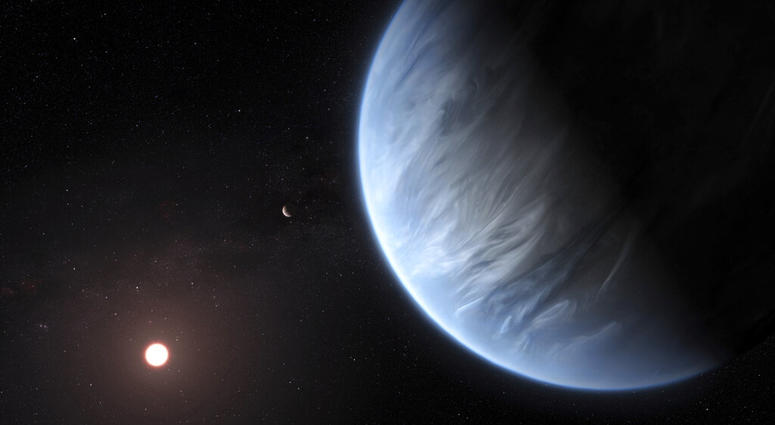 This artist's rendering provided by University College London Centre for Space Exochemistry Data researchers shows Exoplanet K2-18b, foreground, its host star and an accompanying planet in this system.