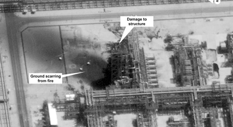 This image provided on Sunday, Sept. 15, 2019, by the U.S. government and DigitalGlobe and annotated by the source, shows damage to the infrastructure at Saudi Aramco's Kuirais oil field in Buqyaq, Saudi Arabia. (U.S. government/Digital Globe via AP) This image provided on Sunday, Sept. 15, 2019, by the U.S. government and DigitalGlobe and annotated by the source, shows damage to the infrastructure at Saudi Aramco's Kuirais oil field in Buqyaq, Saudi Arabia. (U.S. government/Digital Globe via AP)