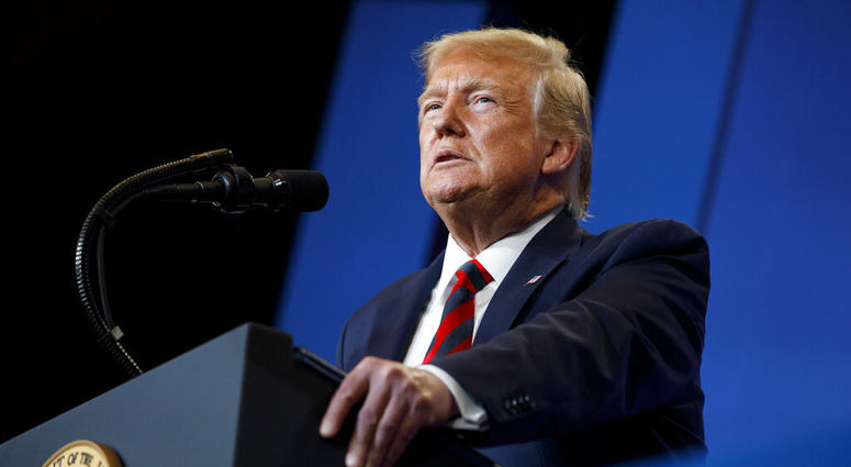 In this Thursday, Sept. 12, 2019, file photo, President Donald Trump pauses as he speaks at the 2019 House Republican Conference Member Retreat Dinner in Baltimore. (AP Photo/Carolyn Kaster, File)
