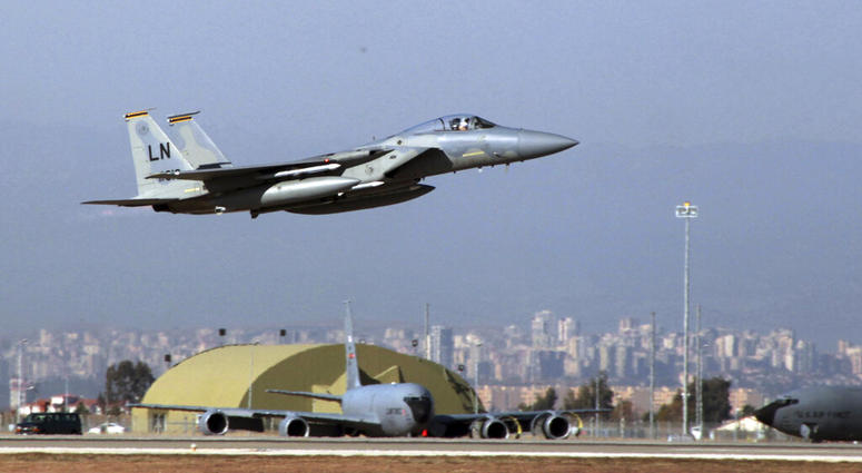 FILE- In this Dec. 15, 2015, file photo, A U. S. Air Force F-15 fighter jet takes off from Incirlik Air Base near Adana, Turkey. Frayed U.S. relations with Turkey are raising a sensitive question rarely discussed in public: Should the United States remove