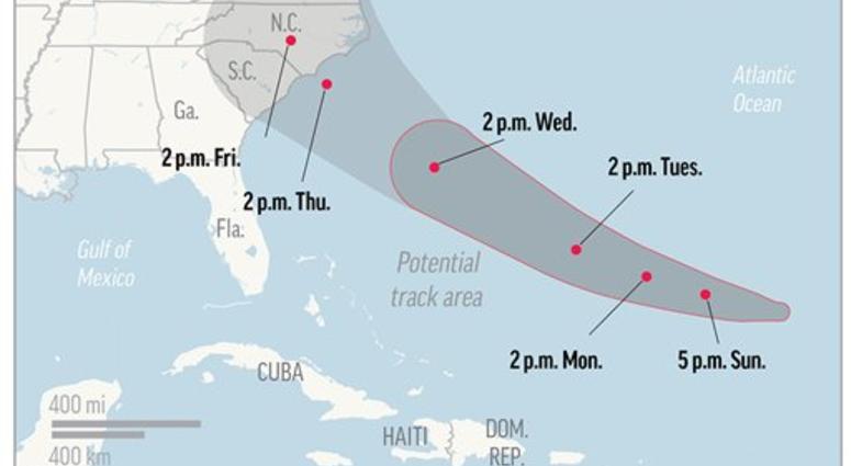 Map shows probable path of Hurricane Florence. (AP)