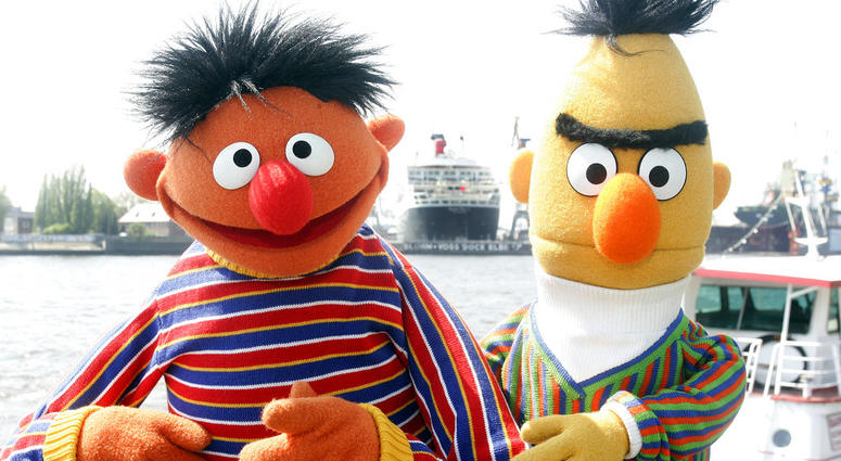FILE - In this May 9, 2006, file photo, Ernie and Bert of “Sesame Street” pose in front of the Queen Mary II in the harbor of Hamburg, Germany. The producers of “Sesame Street” tweeted Tuesday, Sept. 18, 2018, that Bert and Ernie are not gay in response t