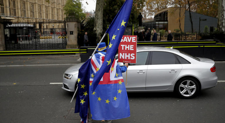 Anti-Brexit supporter Steve Bray from south Wales, , Thursday, Nov. 15, 2018. (AP Photo/Matt Dunham)