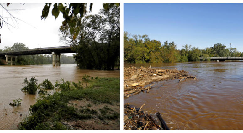 In this combination of photos, Cape Fear River flows under the Person Street bridge on Sept. 15, 2018, left, and on Sept. 19, 2018, in the aftermath of Hurricane Florence in Fayetteville, N.C. (AP Photo/David Goldman)