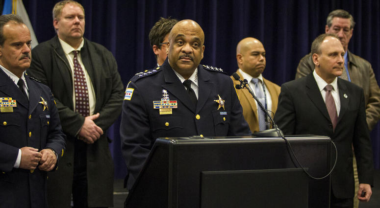 Chicago Police Supt. Eddie Johnson speaks during a press conference at CPD headquarters, Thursday, Feb. 21, 2019. (Ashlee Rezin/Chicago Sun-Times via AP)