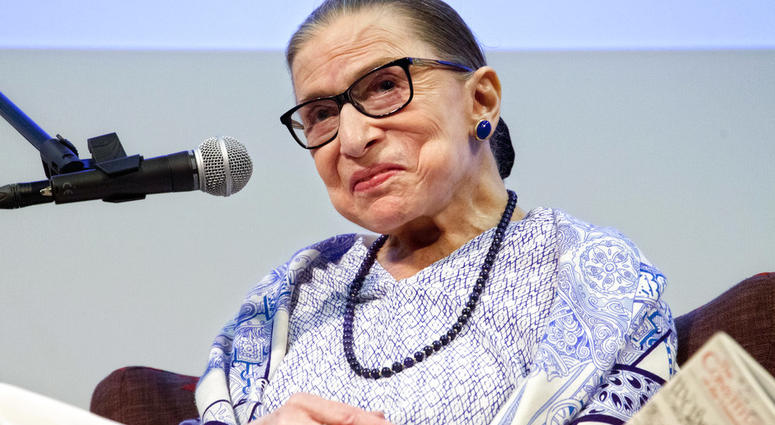 FILE - In this July 5, 2018 file photo, US Supreme Court Justice Ruth Bader Ginsburg speaks after the screening of "RBG," the documentary about her, in Jerusalem. (AP Photo/Caron Creighton, File)